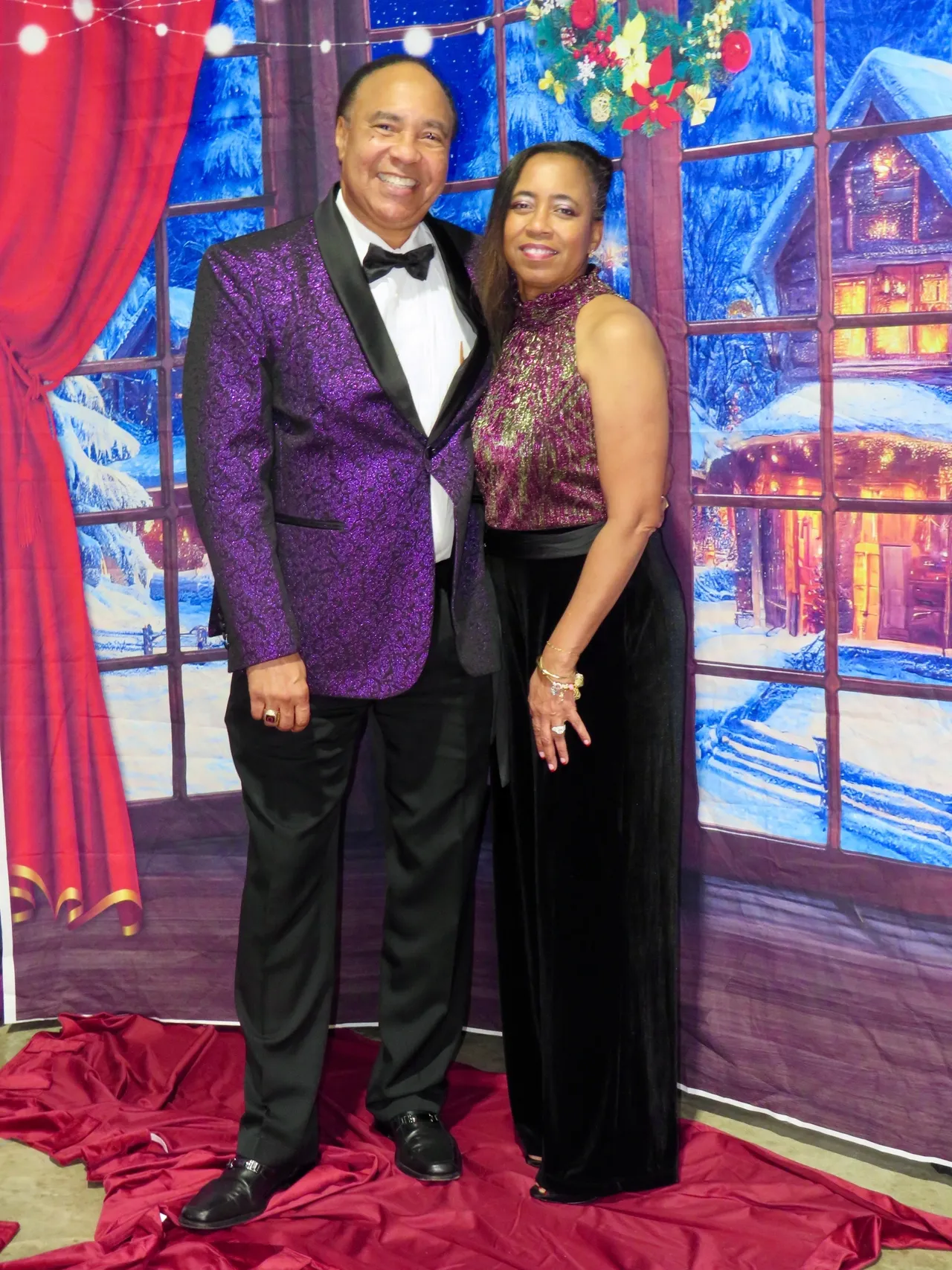 Smiling pair in winter backdrop